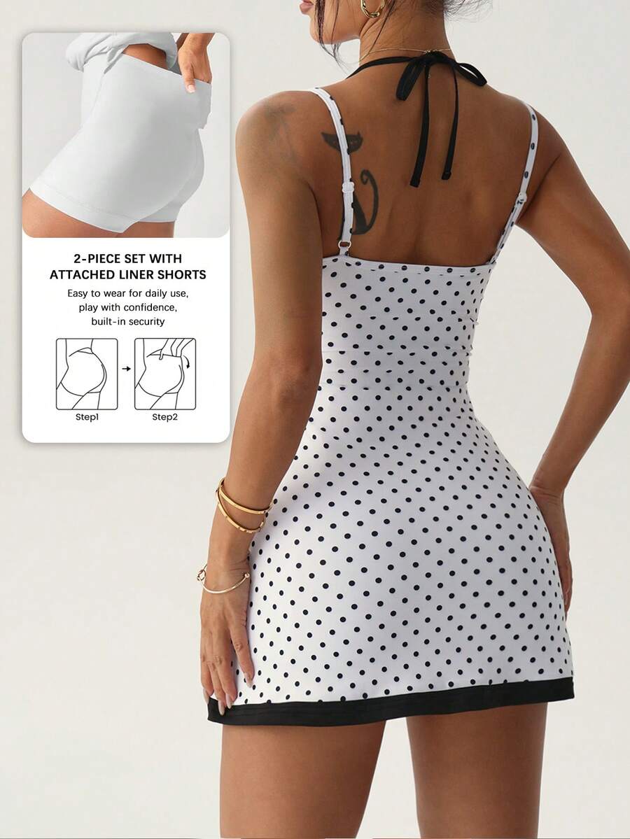 polka dot cami sports mini dress and matching shorts set with adjustable straps and side pocket image 11