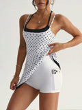 polka dot cami sports mini dress and matching shorts set with adjustable straps and side pocket image 12