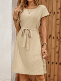 Back view of Women's Casual Solid Color Mini Dress with Waist Tie - Perfect Summer Style for women dress styling