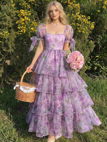 Back view of purple floral organza dress with smocked panel