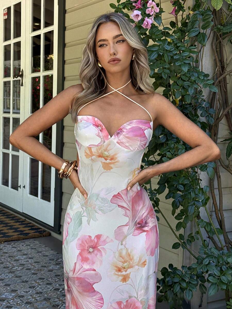 Brown polka dot halter maxi dress seated view