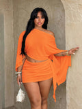 plus size two-piece beach club set with off-shoulder batwing crop top, sheer lightweight mesh or knit fabric, ruched side-tie mini skirt, exposed waist and print or solid color variants image 16