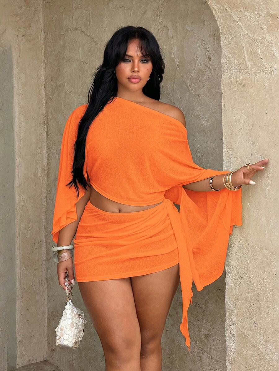 plus size two-piece beach club set with off-shoulder batwing crop top, sheer lightweight mesh or knit fabric, ruched side-tie mini skirt, exposed waist and print or solid color variants image 16