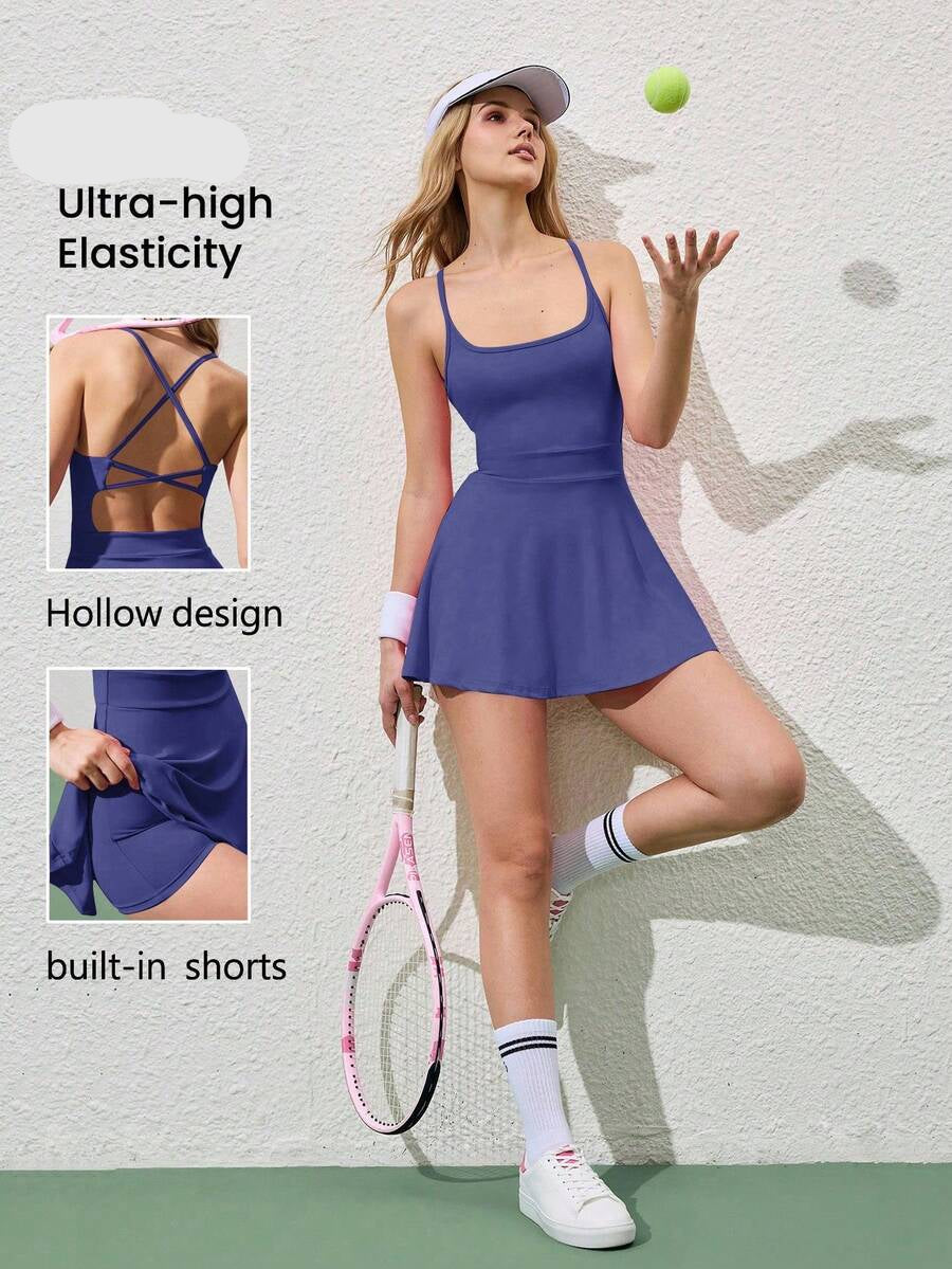 periwinkle crisscross back tennis mini dress with built in pocket shorts image 1