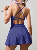 periwinkle crisscross back tennis mini dress with built in pocket shorts image 3