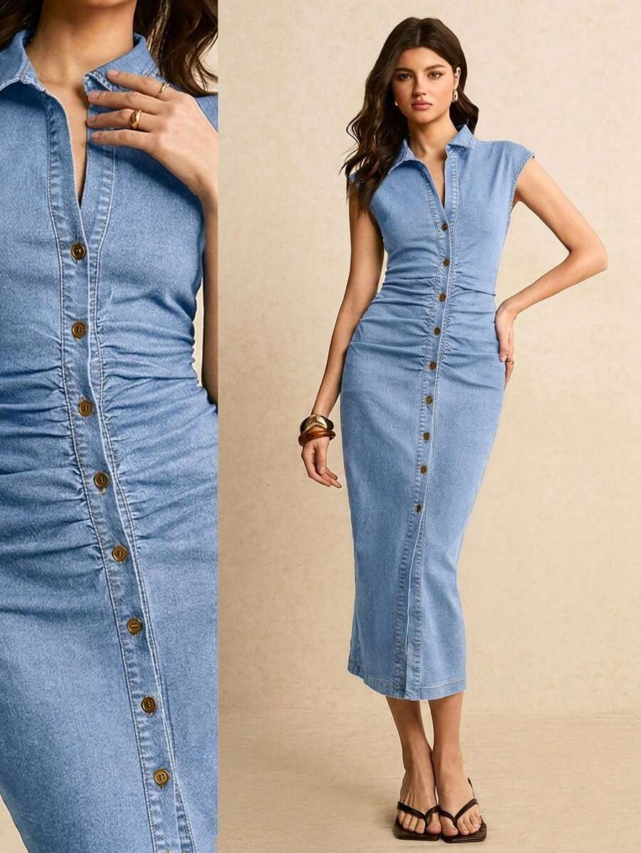 Light blue denim shirt midi dress with buttons