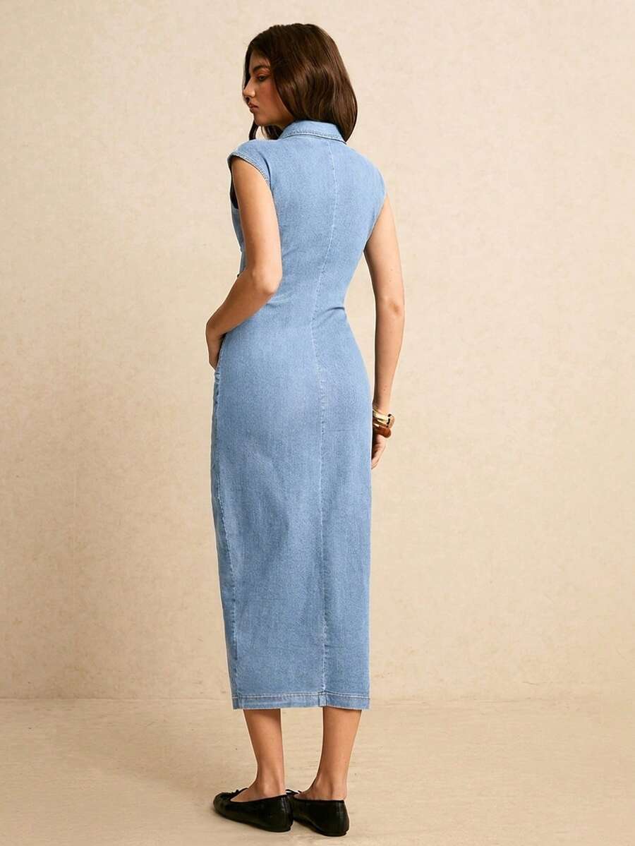 Back view light blue denim midi dress