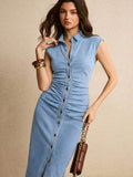 Light wash denim midi shirt dress side view