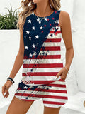 Front close view of sleeveless patriotic flag print tank and shorts summer co-ord set