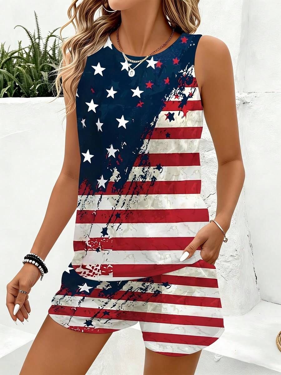 Front close view of sleeveless patriotic flag print tank and shorts summer co-ord set