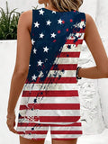 Back view of patriotic sleeveless tank top and matching shorts set with distressed stars and stripes