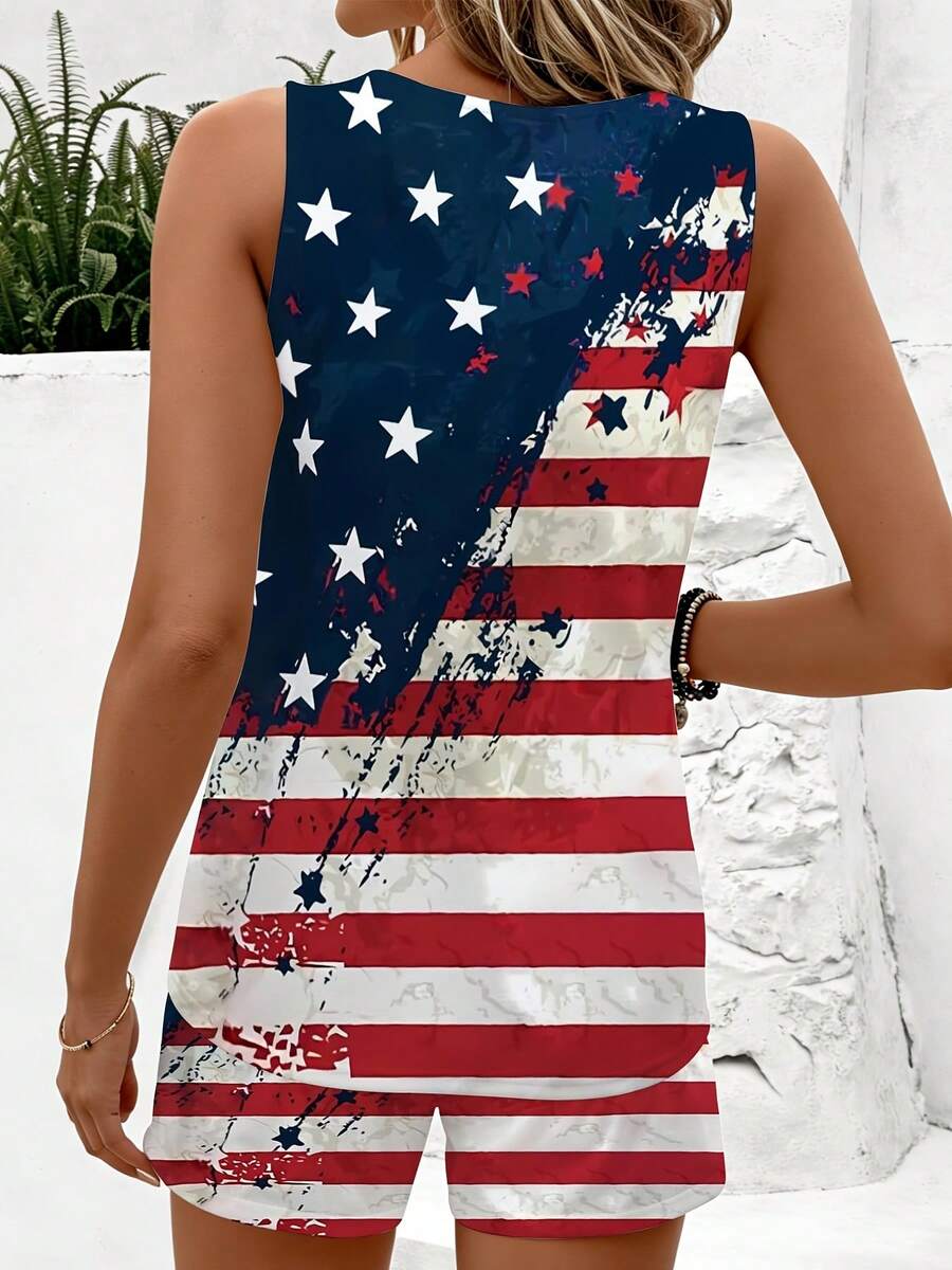 Back view of patriotic sleeveless tank top and matching shorts set with distressed stars and stripes