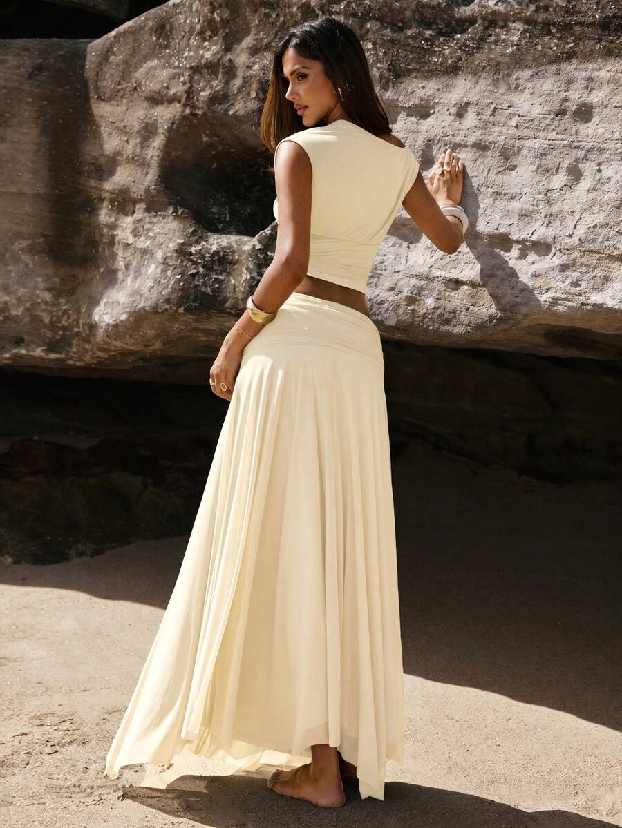 Detail view of Minimalist Asymmetric Collar Cropped Top and Skirt Set for Women - Chic Solid Color Ensemble for women co-ord styling