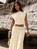Outfit view of Minimalist Asymmetric Collar Cropped Top and Skirt Set for Women - Chic Solid Color Ensemble for women co-ord styling