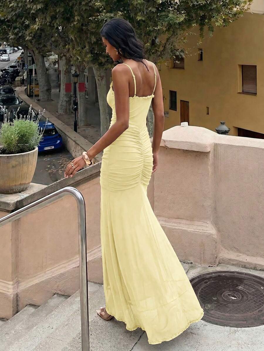 42 media show strappy mesh maxi dress in solids and prints with deep plunge V, front bead connector, ruffle trim, ruched bodice and hips, thigh slit, sheer flared lower skirt, low straight back, adjustable spaghetti straps. image 3