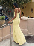 42 media show strappy mesh maxi dress in solids and prints with deep plunge V, front bead connector, ruffle trim, ruched bodice and hips, thigh slit, sheer flared lower skirt, low straight back, adjustable spaghetti straps. image 3