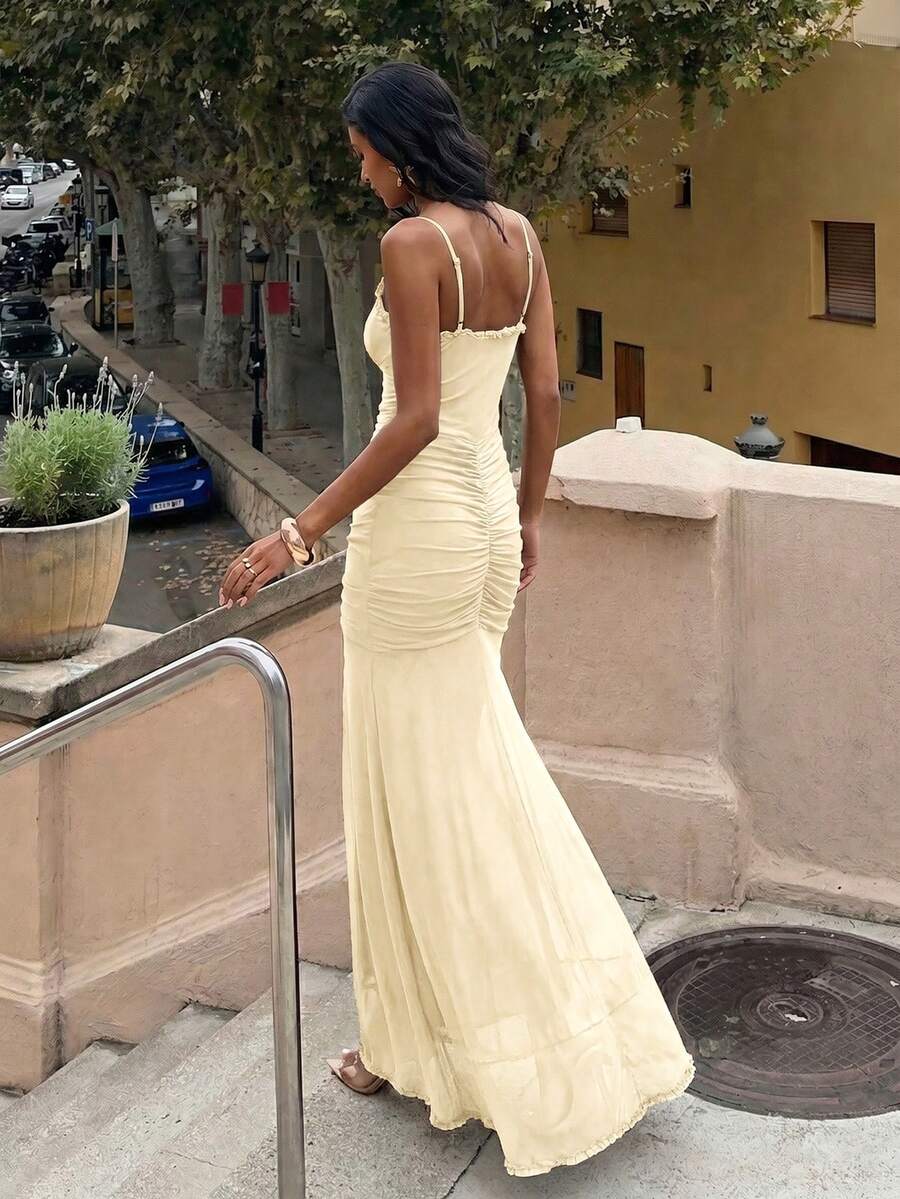 42 media show strappy mesh maxi dress in solids and prints with deep plunge V, front bead connector, ruffle trim, ruched bodice and hips, thigh slit, sheer flared lower skirt, low straight back, adjustable spaghetti straps. image 9