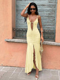 42 media show strappy mesh maxi dress in solids and prints with deep plunge V, front bead connector, ruffle trim, ruched bodice and hips, thigh slit, sheer flared lower skirt, low straight back, adjustable spaghetti straps. image 7
