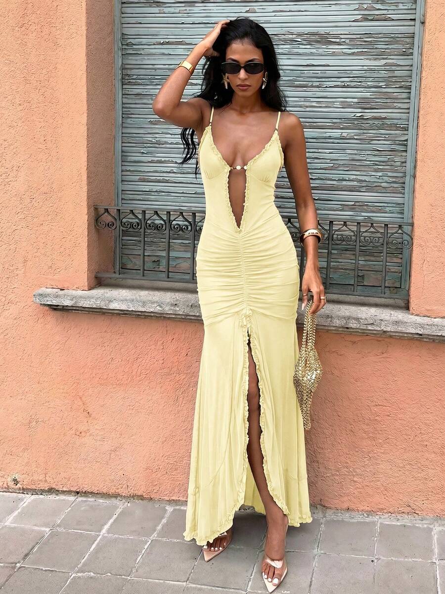 42 media show strappy mesh maxi dress in solids and prints with deep plunge V, front bead connector, ruffle trim, ruched bodice and hips, thigh slit, sheer flared lower skirt, low straight back, adjustable spaghetti straps. image 7