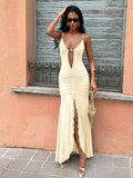 42 media show strappy mesh maxi dress in solids and prints with deep plunge V, front bead connector, ruffle trim, ruched bodice and hips, thigh slit, sheer flared lower skirt, low straight back, adjustable spaghetti straps. image 4