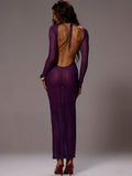 Back view of slim fit purple party dress for holiday nights