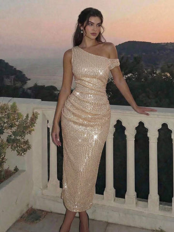 Champagne gold sequin asymmetrical midi dress with one-shoulder neckline