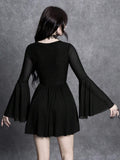 Back view of black gothic mini dress with long sheer mesh bell sleeves and flared skirt