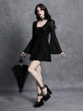 Full-length view of black gothic rose appliqué A-line mini dress with flared mesh sleeves