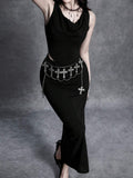 Close view of black draped cowl neckline and ruched asymmetric waist cutout