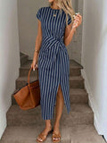 Image 1 - front view of Elegant Navy Blue Striped Midi Dress for Women - Casual Nautical Style with High Slit and Twist Waist