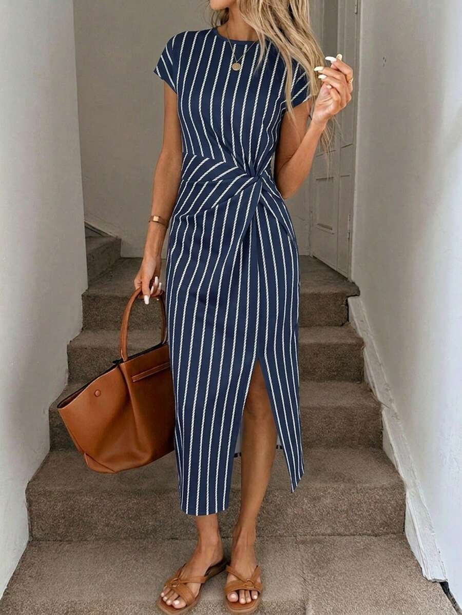 Image 1 - front view of Elegant Navy Blue Striped Midi Dress for Women - Casual Nautical Style with High Slit and Twist Waist
