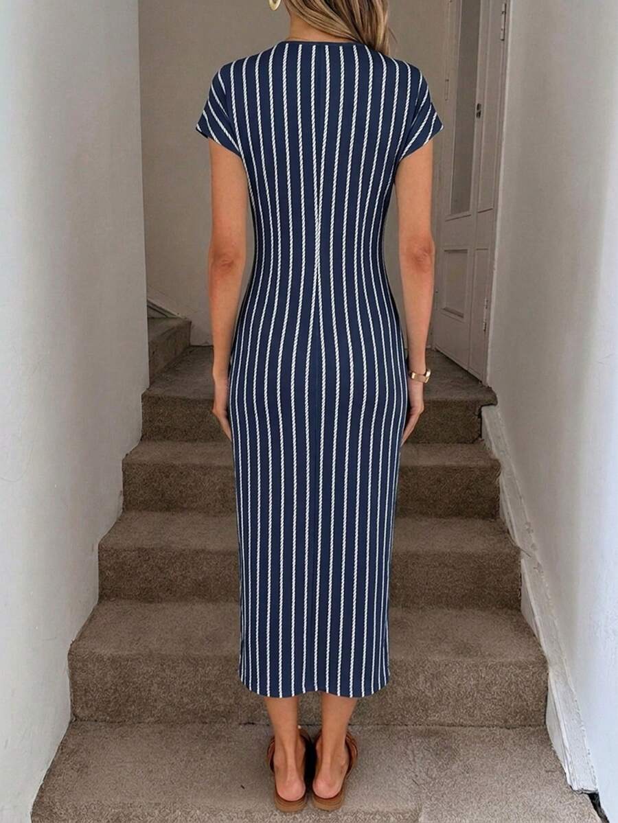 Image 1 - front view of Elegant Navy Blue Striped Midi Dress for Women - Casual Nautical Style with High Slit and Twist Waist