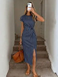 Image 3 - back view of Elegant Navy Blue Striped Midi Dress for Women - Casual Nautical Style with High Slit and Twist Waist