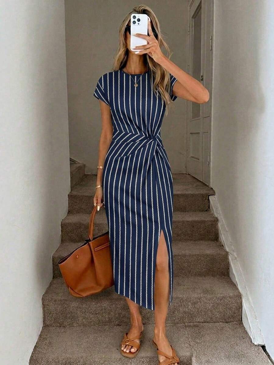 Image 3 - back view of Elegant Navy Blue Striped Midi Dress for Women - Casual Nautical Style with High Slit and Twist Waist