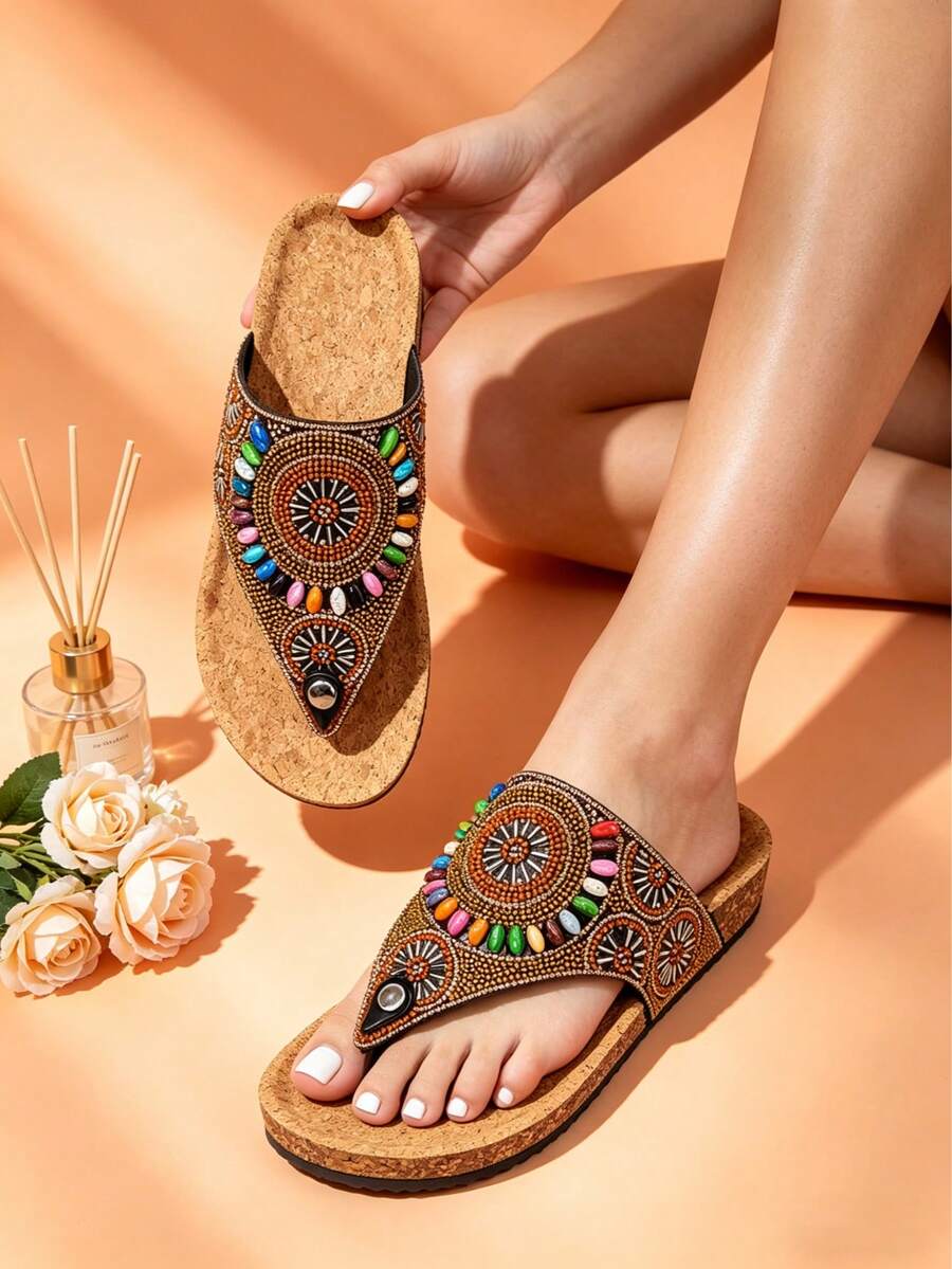 Angled view of cork footbed slide sandals with ornate beadwork and toe post