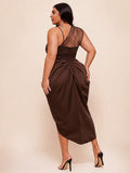 Back view of Elegant Plus Size Black Mesh Slit Hem Midi Dress for Vacations and Celebrations for plus size dress styling