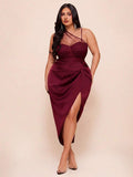 Fit view of Elegant Plus Size Black Mesh Slit Hem Midi Dress for Vacations and Celebrations for plus size dress styling