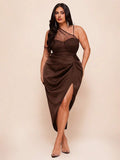 Detail view of Elegant Plus Size Black Mesh Slit Hem Midi Dress for Vacations and Celebrations for plus size dress styling