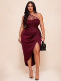 Front view of Elegant Plus Size Black Mesh Slit Hem Midi Dress for Vacations and Celebrations for plus size dress styling