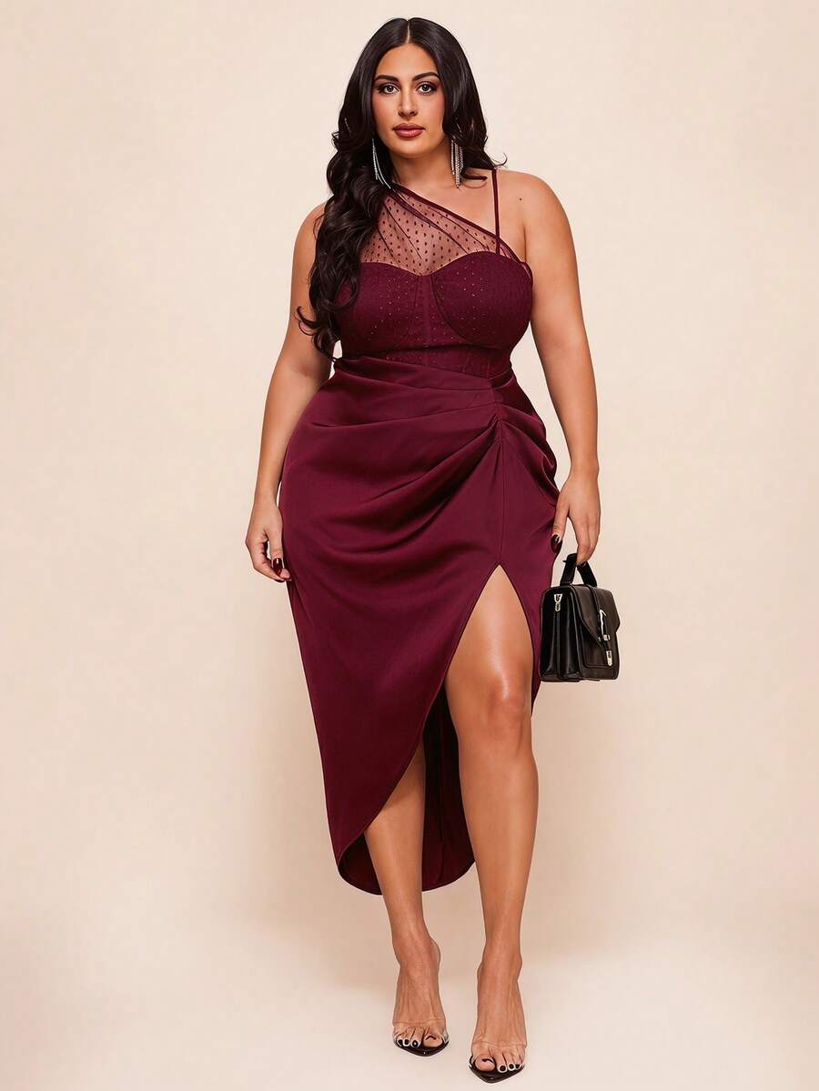 Front view of Elegant Plus Size Black Mesh Slit Hem Midi Dress for Vacations and Celebrations for plus size dress styling