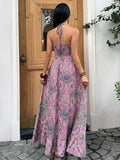 Back view pink green purple paisley maxi dress with halter tie and smocked back