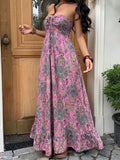 Pink green purple paisley maxi dress with strapless bodice and front tie