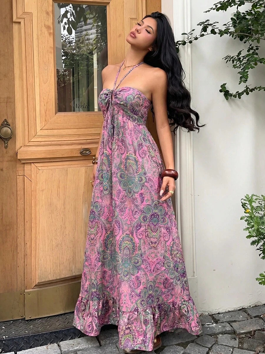 Full front pink green purple paisley halter maxi dress with flowy maxi length