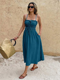 Teal ruched bust midi sundress with tie-front bodice ruffle trim and side pockets
