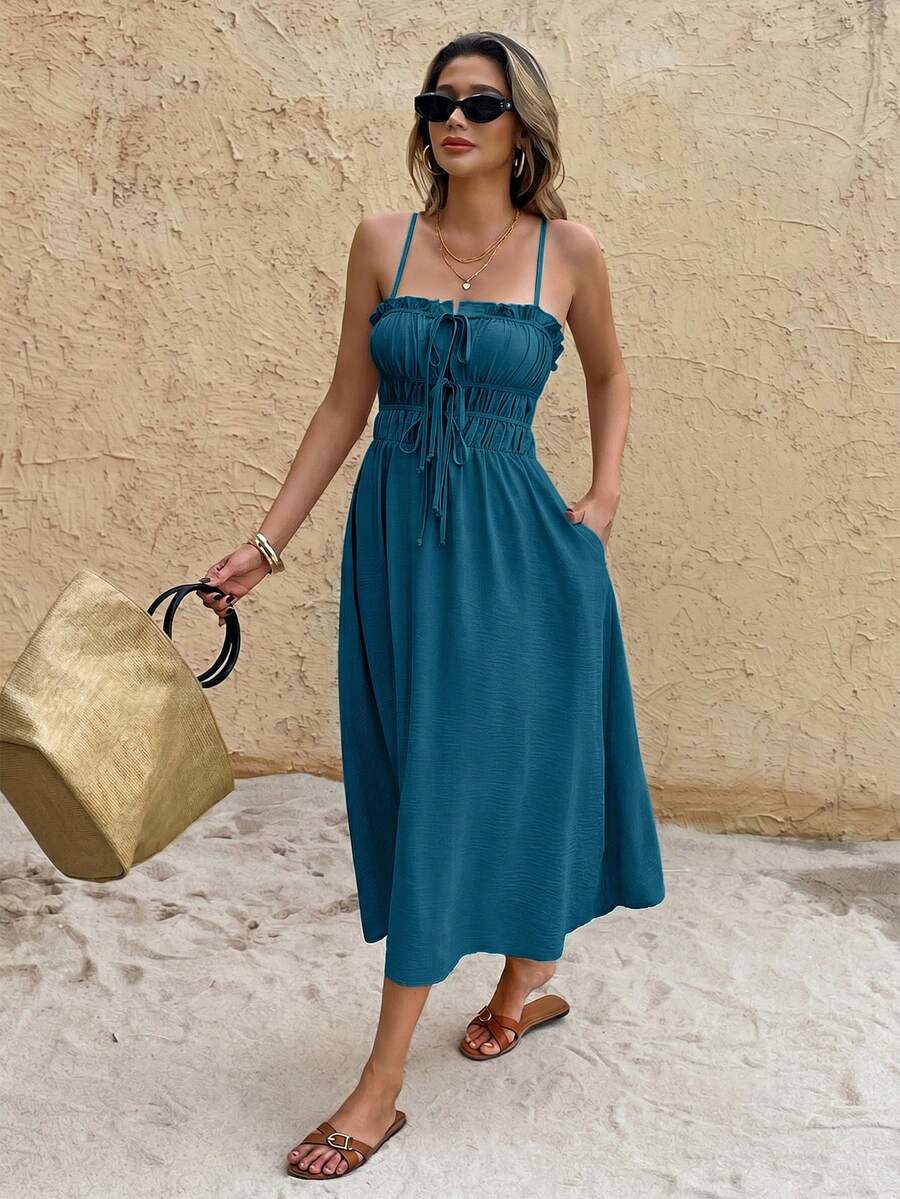Teal ruched bust midi sundress with tie-front bodice ruffle trim and side pockets