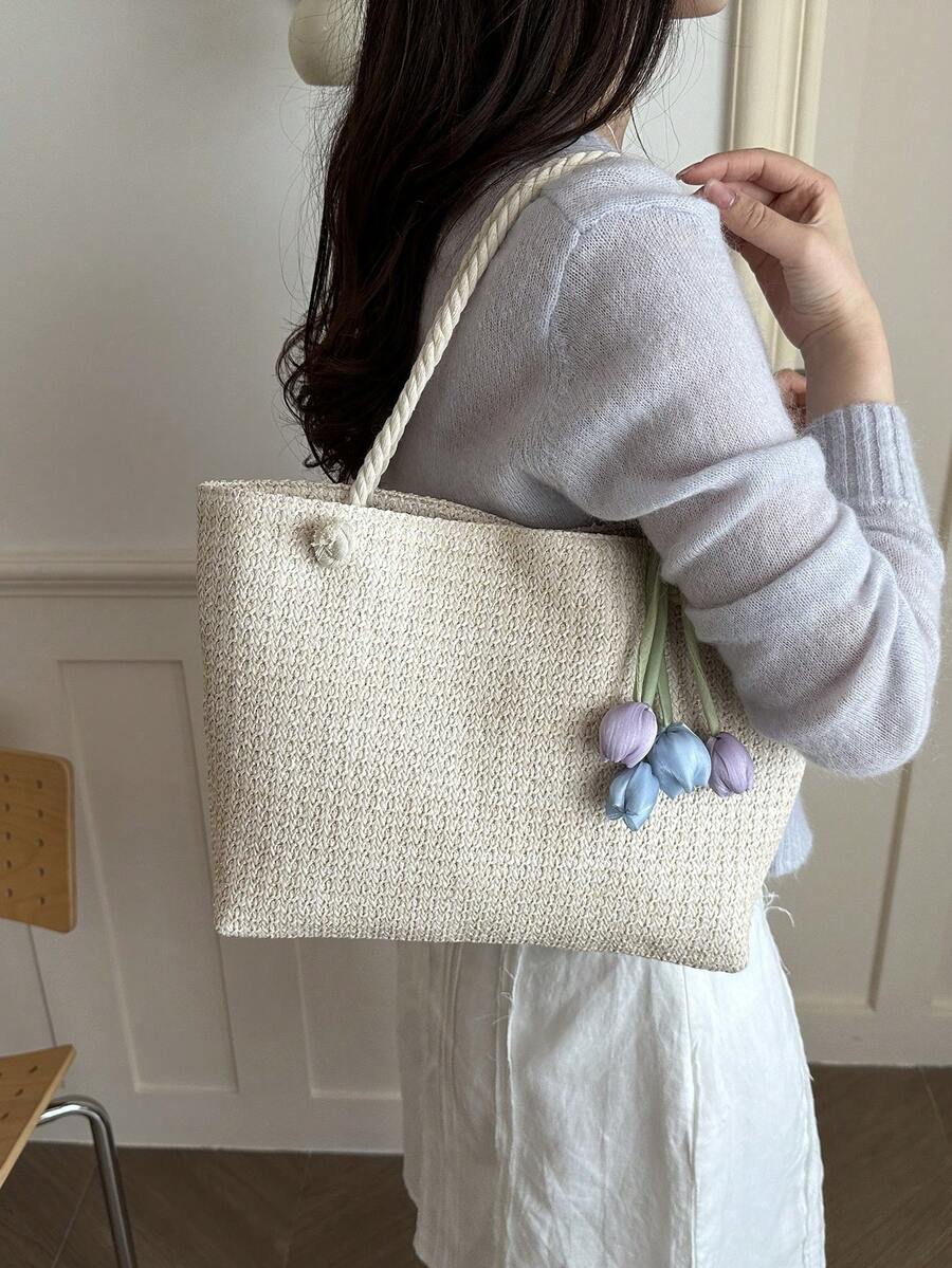 Image 2 - side profile of Chic Summer Casual Woven Rope Knot Floral Tote Bag - Your Essential Beach Companion