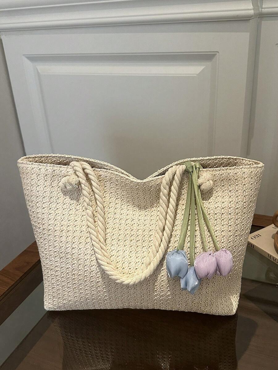 Image 4 - detail view of Chic Summer Casual Woven Rope Knot Floral Tote Bag - Your Essential Beach Companion