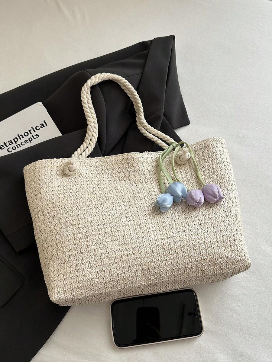 Image 1 - front view of Chic Summer Casual Woven Rope Knot Floral Tote Bag - Your Essential Beach Companion