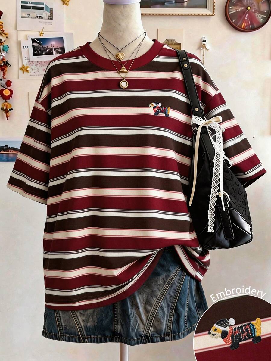 Color view of Chic Minimalist Striped Cotton T-Shirt for Women - Perfect Gift for Friends for women styling