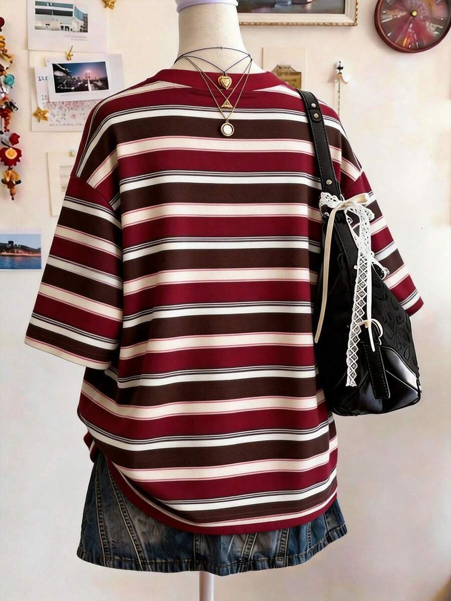 Front view of Chic Minimalist Striped Cotton T-Shirt for Women - Perfect Gift for Friends for women styling
